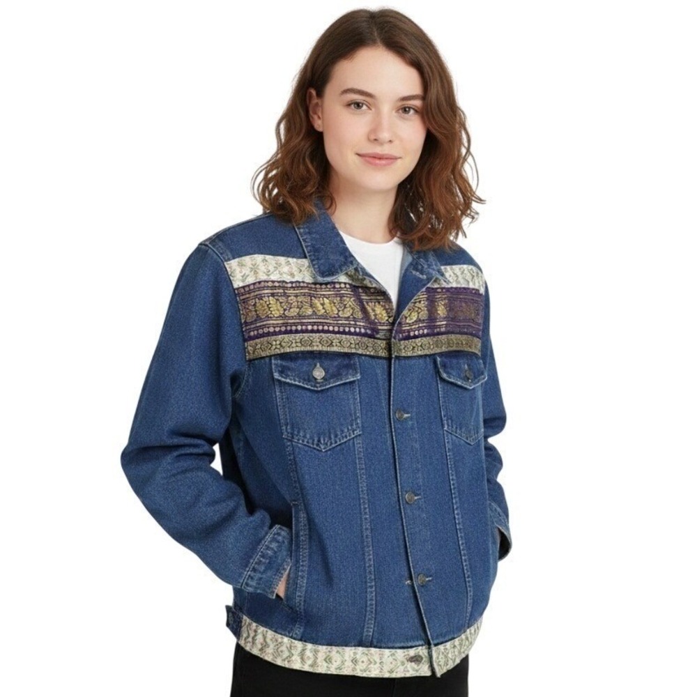 Asari Collection Denim Jacket Women 3X Blue Gold Purple Brocade Boho Ethnic Trim